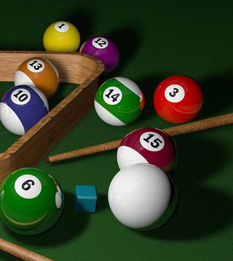 Pool table balls, cues & chalk